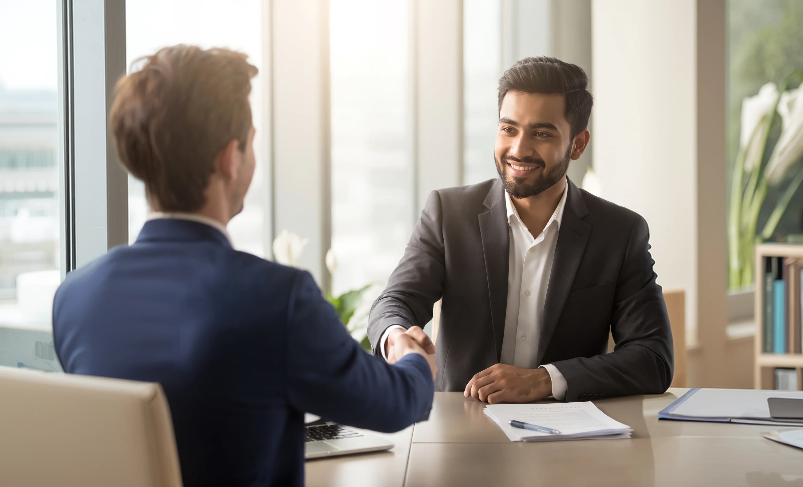 An investor and a founder shaking hands across a desk